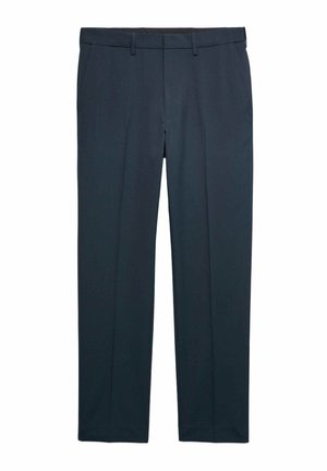 Navyblauwe op maat gemaakte broek van gladde stof, met een platte voorkant, strak ontwerp en standaard zakken met riemlussen.