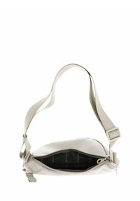 Hellgraue Umhängetasche aus strapazierfähigem Material mit Reißverschluss, verstellbarem Riemen und gefüttert mit einem Logo-Muster im Inneren.