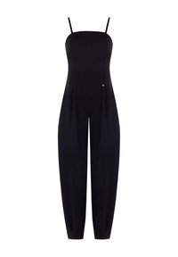 Schwarzer Jumpsuit mit dünnen Trägern, geradem Ausschnitt, Faltendetails und einer kleinen Logo-Applikation auf der Vorderseite. Glatte Stofftextur.
