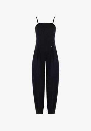 Black jumpsuit with thin straps, straight neckline, pleated detail, and a small logo embellishment on the front side. Smooth fabric texture.