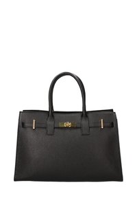 Zwarte leren handtas met een korrelige textuur, gouden hardware accenten, twee korte handvatten en een gestructureerde rechthoekige vorm.