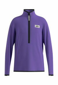 Lila Langarm-Pullover mit Stehkragen, schwarzem Reißverschluss und einem kleinen Etikett auf der Vorderseite. Glatte Textur und lässige Passform.