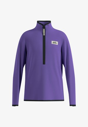 Pull long à manches longues violet avec un col montant, une fermeture éclair noire et une petite étiquette à l'avant. Texture lisse et coupe décontractée.