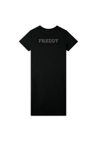 Abito corto nero a maniche corte con il logo "FREDDY" e il testo "TIME TO SHINE" in stampa metallica. Realizzato in tessuto liscio con un design semplice.