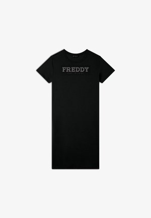 Abito corto nero a maniche corte con il logo "FREDDY" e il testo "TIME TO SHINE" in stampa metallica. Realizzato in tessuto liscio con un design semplice.