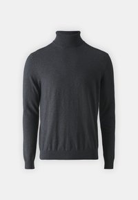 Pull à col roulé gris foncé en maille douce et texturée. Caractéristiques : manches longues, col côtelé et taille ajustée.