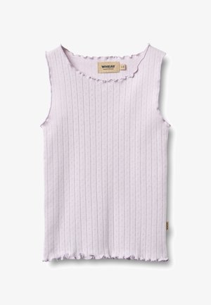 Lila mouwloos topje van geribbelde stof met geschulpte randen, voorzien van textuurpatronen en een Wheat merklabel bij de halslijn.