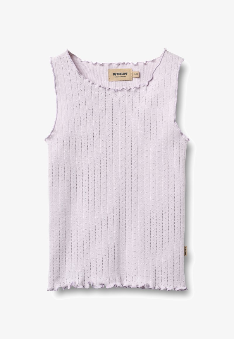 Haut sans manches lilas en tissu côtelé avec des bords festonnés, présentant des motifs texturés et une étiquette de la marque Wheat au niveau de l'encolure.
