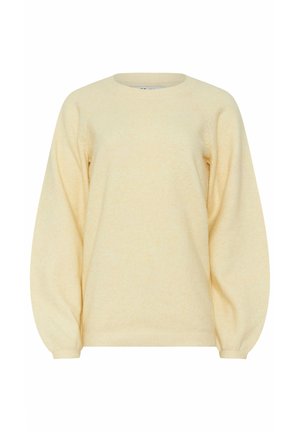 Suéter de punto de manga larga color amarillo claro con cuello redondo y mangas ligeramente abullonadas, exhibido sobre un fondo blanco.