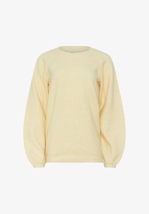 Pull en maille jaune clair à manches longues avec col rond et manches légèrement bouffantes, présenté sur un fond blanc.