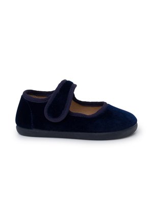 Navy blue velvet slipper with a hook-and-loop strap, rounded toe, black rubber sole, and soft inner lining for comfort.