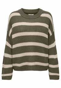 Maglione lavorato a maglia a righe verde oliva e crema con scollo rotondo e maniche lunghe, caratterizzato da una trama testurizzata e una vestibilità rilassata.
