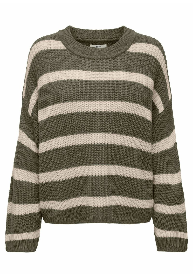 Maglione lavorato a maglia a righe verde oliva e crema con scollo rotondo e maniche lunghe, caratterizzato da una trama testurizzata e una vestibilità rilassata.