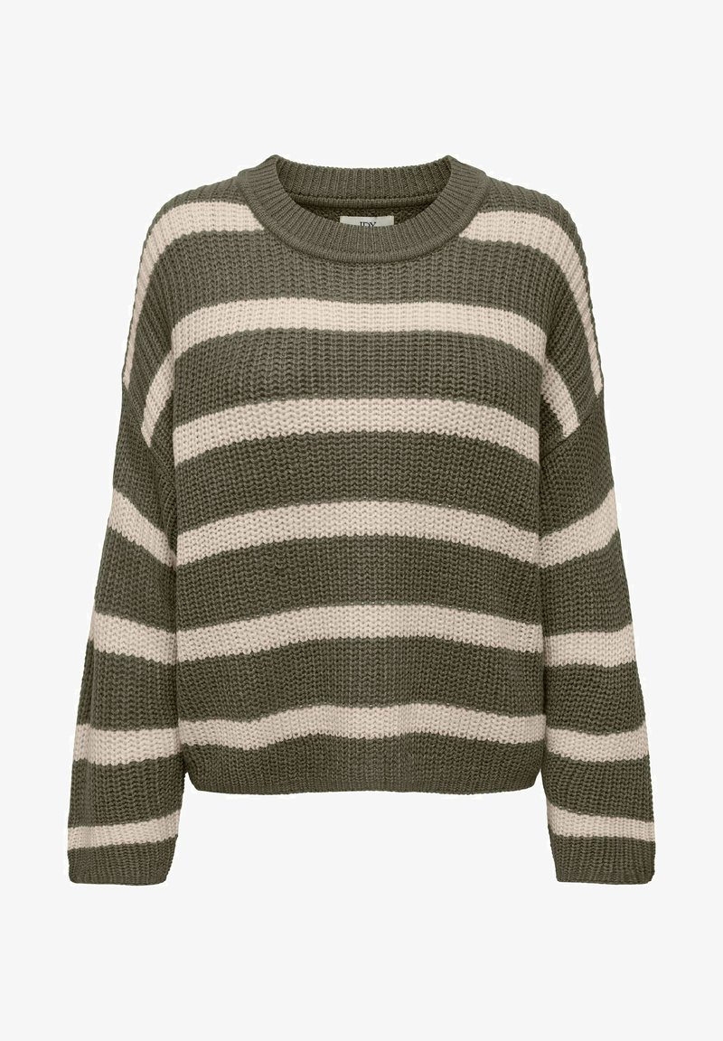 Maglione lavorato a maglia a righe verde oliva e crema con scollo rotondo e maniche lunghe, caratterizzato da una trama testurizzata e una vestibilità rilassata.
