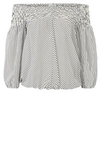 Haut à épaules dénudées avec un col élastique, de longues manches volumineuses et un motif rayé diagonal bleu marine et blanc. Textile léger.