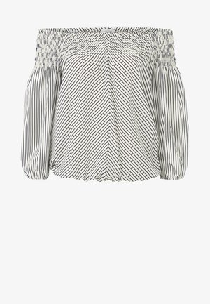 Off-the-shoulder top with elastic neckline, voluminous long sleeves, and diagonal navy and white striped pattern. Lightweight textile.