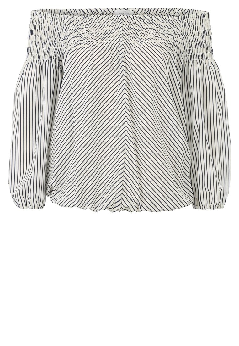 Haut à épaules dénudées avec un col élastique, de longues manches volumineuses et un motif rayé diagonal bleu marine et blanc. Textile léger.