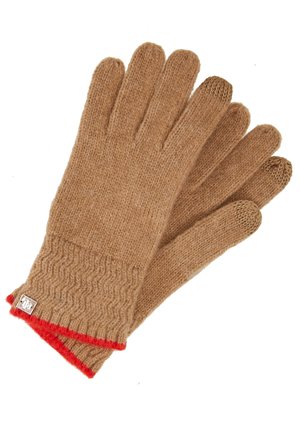 Paire de gants en maille marron avec poignets texturés et bordure rouge, conçus pour être portés par temps froid.