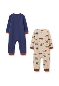 Dos monos infantiles: uno azul marino con puños marrones, el otro beige con un estampado de vehículos de construcción y puños marrones. Material de algodón.