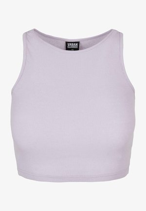 Top corto a coste color lillà con scollo rotondo. Presenta una silhouette adatta e senza maniche, realizzato in un morbido tessuto elasticizzato.