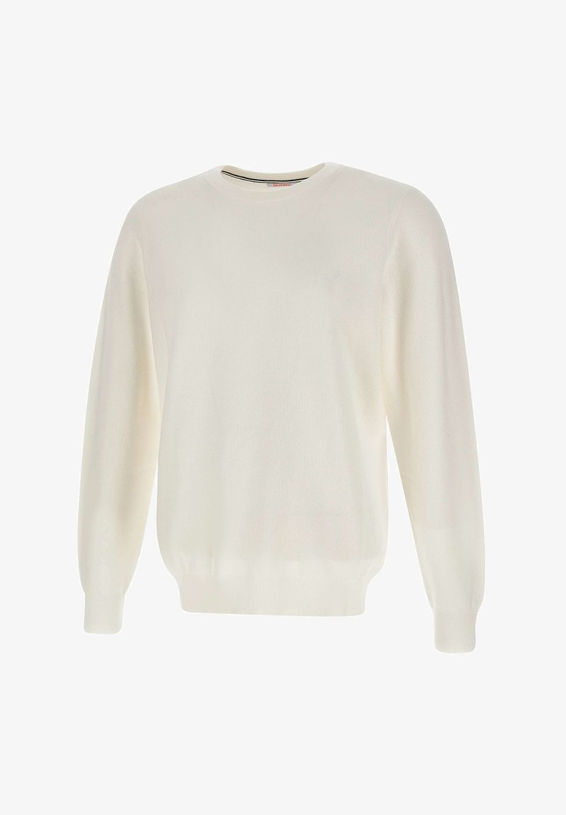 Maglione a maglia color crema con collo rotondo, maniche lunghe e polsini e orlo a costine. Tessuto morbido, design leggero.