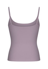 Top donna color lilla con spalline sottili e scollatura quadrata, presentato su uno sfondo bianco.
