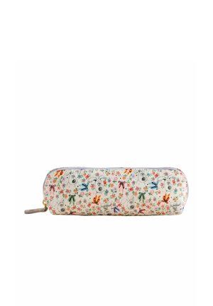 Etui med pastelblomstermønster og tegneseriehundeansigter i forskellige farver på hvid baggrund, afrundede kanter og lynlåslukning.