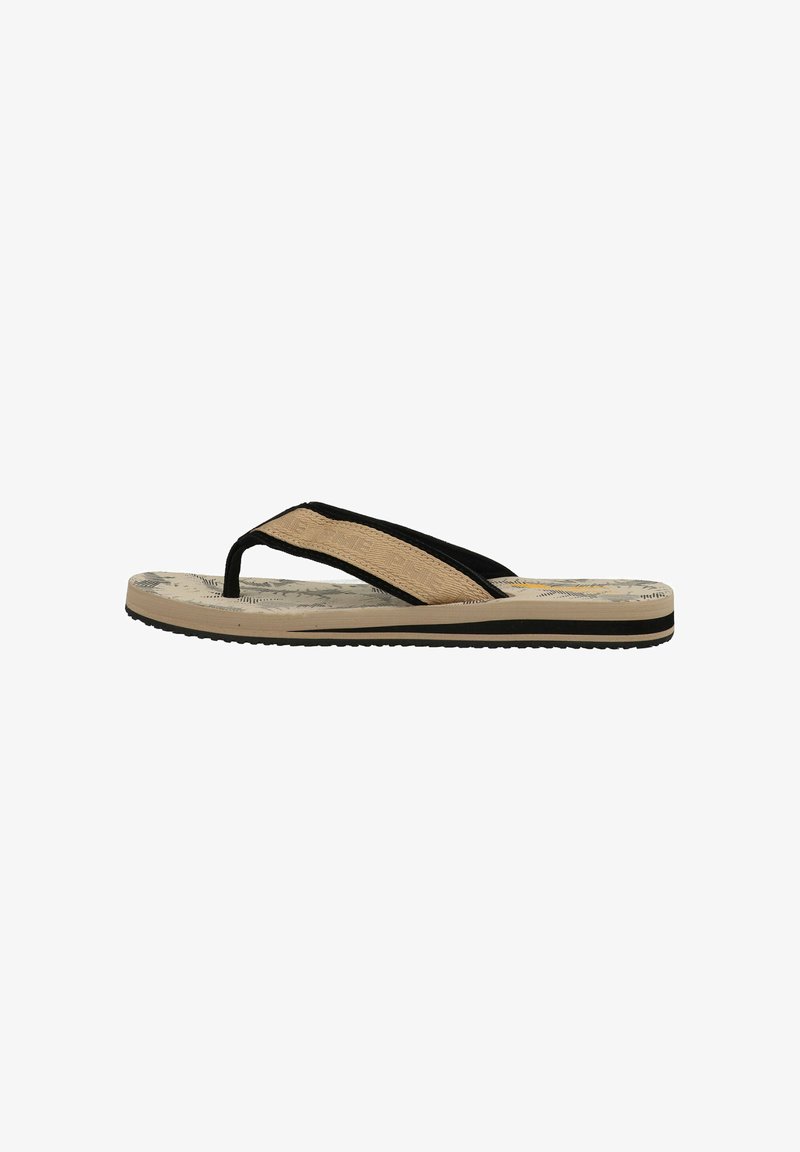 Zwarte en beige flip-flopsandalen met een gestructureerde band en een schuimrubberen voetbed, voorzien van een gemusterde outsole voor grip.