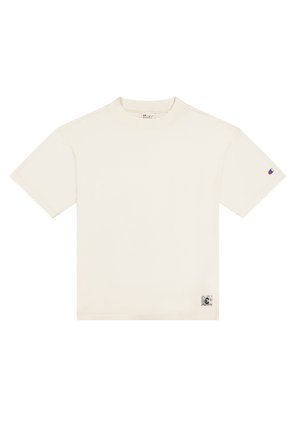 Korte mouw t-shirt van lichtcreme katoen, met een ronde hals en een klein logo-opdruk aan de onderkant aan de linkerkant. Gladde textuur.