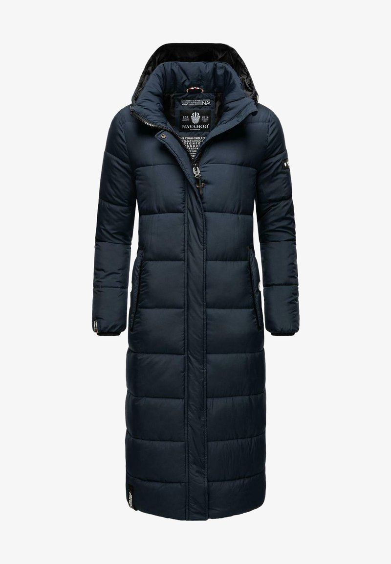 Navy blue padded coat with hood, long length, zippered front, two side pockets, and elastic cuffs. Smooth fabric with quilted texture.