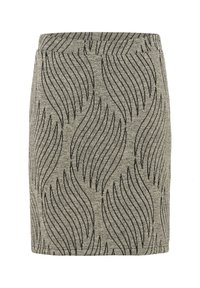Grauer Rock mit einem strukturierten Muster aus schwarzen gewellten Linien, elastischem Taillenbund für Komfort und figurbetontem Design.