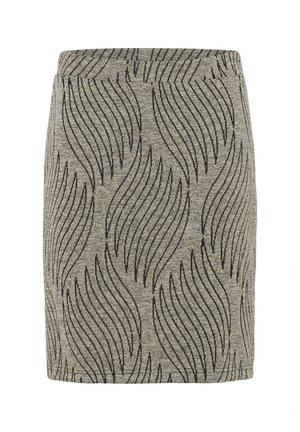 Grauer Rock mit einem strukturierten Muster aus schwarzen gewellten Linien, elastischem Taillenbund für Komfort und figurbetontem Design.