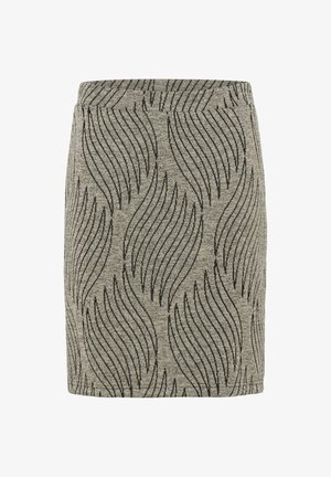 Szürke szoknya, amely fekete hullámos vonalakkal textúrázott mintával rendelkezik, rugalmas derékrésszel a kényelem érdekében, testhez simuló fazonban.