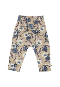 Beige leggings med et tropisk blomsterdesign i blå og krem, med en sløyfe i midjen og smale ben. Laget av myk tekstilmateriale.