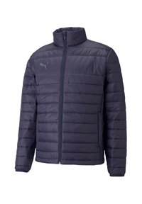 Jachetă puffer de culoare bleumarin, cu guler înalt, fermoar frontal și manșete ribbate. Prezintă cusături orizontale și un logo mic pe pieptul stâng.