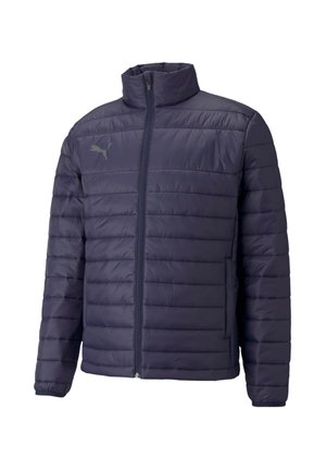 Marineblå puffy jakke med høj krave, frontlynlås og ribbede manchetter. Har vandret syninger og et lille logo på venstre bryst.