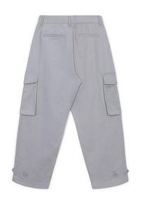 Pantaloni cargo grigi con tasche laterali, vita piatta, dettagli con bottoni ai polsini e una texture del tessuto liscia. Tasche posteriori cucite vicino alla vita.