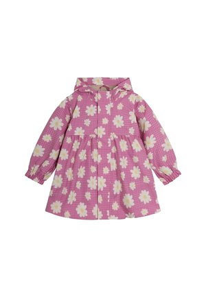 Lyserød børnehooded jakke med hvide og gule margeritblomsterprint og elastiske manchetter på lange ærmer.