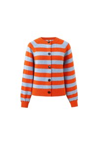 Oranje en blauwe gestreepte cardigan, gemaakt van zachter materiaal, met een ronde halslijn, knoopsluiting aan de voorkant en ribgebreide mouwen en onderkant.
