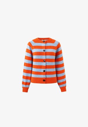 Oranje en blauwe gestreepte cardigan, gemaakt van zachter materiaal, met een ronde halslijn, knoopsluiting aan de voorkant en ribgebreide mouwen en onderkant.