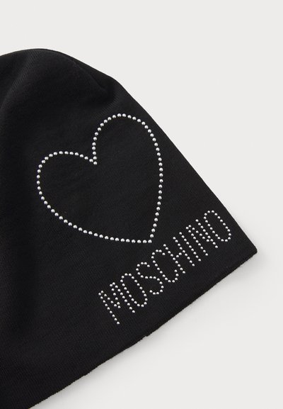 Must have rhinestone'idega südamekuju ja sõna "MOSCHINO" must beanie, millel on pehme, tekstuuriga kangas.