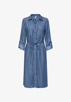 Denim shirt jurk met lange mouwen, knoopsluiting aan de voorkant, twee borstzakken en een tailleband. Lichtblauwe kleur met een gladde textuur.
