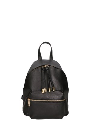 Schwarzer Leder-Rucksack mit goldenen Reißverschlussakzenten, runder Form, zwei Reißverschlussfächern und einem oberen Tragegriff. Strukturiert Oberfläche.