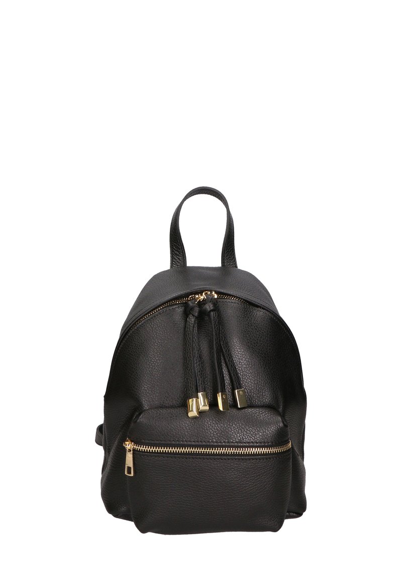 Schwarzer Leder-Rucksack mit goldenen Reißverschlussakzenten, runder Form, zwei Reißverschlussfächern und einem oberen Tragegriff. Strukturiert Oberfläche.