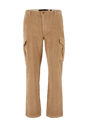 Šviesiai rudos spalvos šonkaidinių audinių cargo kelnės su tiesiomis kojomis, turi šonines kišenes ir mygtuką juosmens srityje. Textūruotas audinys.