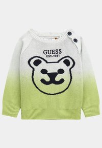 Dětský svetr s dlouhým rukávem v zeleno-bílém gradientu, s grafikou medvědí tváře a nápisem "GUESS EST. 1981", dvěma knoflíky na rameni.