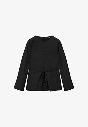 Schwarze Bluse mit langen Ärmeln und runder Ausschnitt, mit Bindeband in der Taille und strukturiertem Stoff. Verfügt über einen verdeckten Reißverschluss auf der Rückseite.
