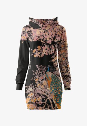 Mustast pikkade varrukatega kapuutsiga kleit, millel on roosad kirsiõied ja värvikas paabulind oksal, Aasia stiilis kirjaga.