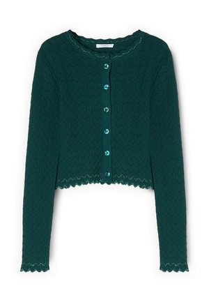Tmavě zelený pletený krátký kardigan s dlouhými rukávy, vlnkovanými okraji a šesti tyrkysovými knoflíky vpředu.