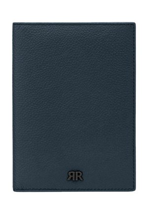 Portafoglio in pelle blu scuro con superficie testurizzata e piccolo logo nero "RR" al centro in basso, mostrato chiuso su sfondo bianco.